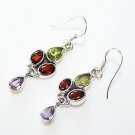 HANDCRAFTED STERLING SILVER GARNET, PERIDOT & AMETHYST GEMSTONE DROP EARRINGS