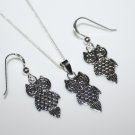 STERLING SILVER ENGRAVED SMALL OWL DROP EARRINGS, PENDANT AND CHAIN