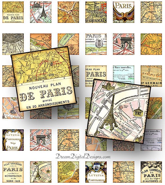 Paris Map 1 x 1 Squares, Digital Collage Sheet, France Maps
