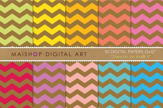 Digital Paper-Chevron on Kraft II-GrnYW,OrgPinkRedPurpAqua Turquoise Chevron PatternsDesign