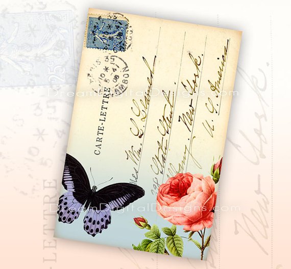 Printable Gift Tags, Butterfly , Rose Vintage Postcard front, Ephemera