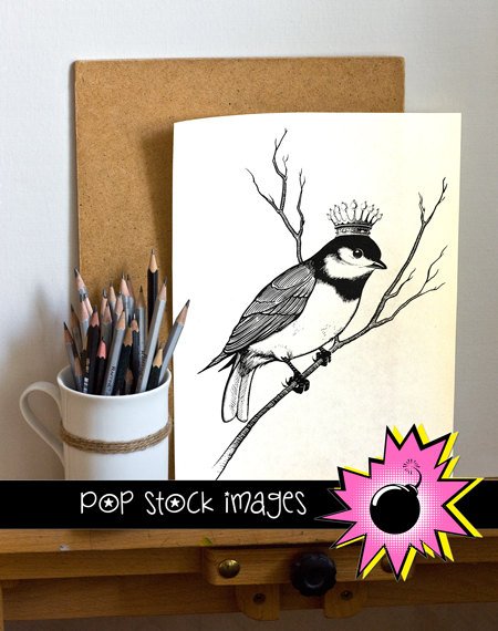 Crowned Bird on Branch Digital Image Transfer-Bird with Crown print for TotesLinensGreeting Cards