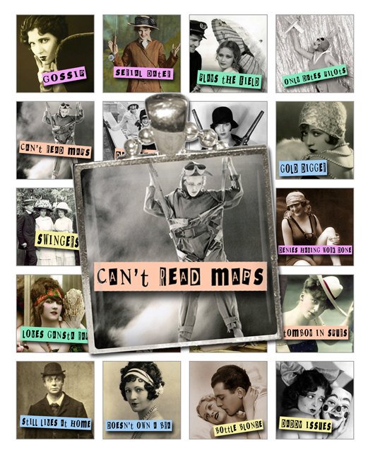 1-Inch Squares Kiss My Sass Tiles Collage Sheet-Retro Sass print for PendantsMagnets & Wine Charms