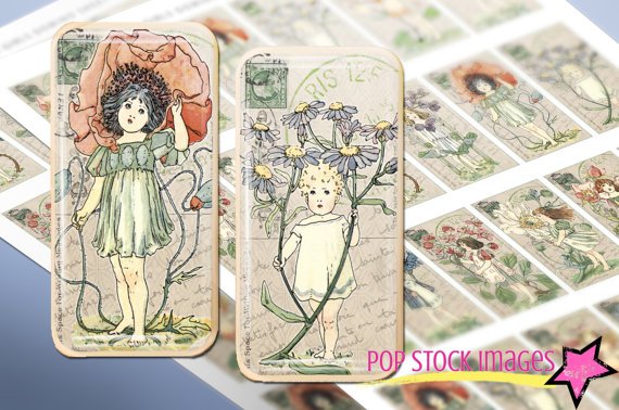 Vintage Garden Girls DOMINO Collage Sheet-Girls Flowers print Tiles for Pendants