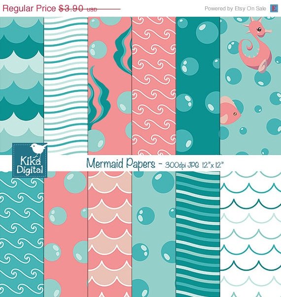 Mermaid Digital Papers - Under Sea Papers - Scrapbook, card design, invitations