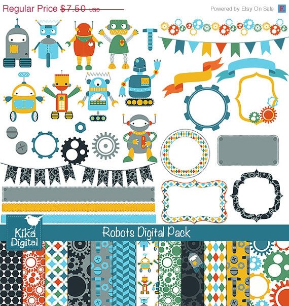 Robots Digital Clipart , Paper Pack - Scrapbooking , card design, stickers