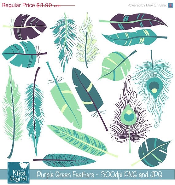 Purple , Grn Feathers Digital Clipart - Scrapbooking , card design, photo booth