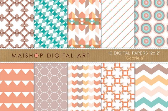 Digital Paper-Gabriela-Pink PaleGrnish Blu,OrgGeometricalChevron PatternStripes