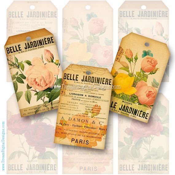 Botanical Gift Tags, Rose Collage Sheet Tags, Aged Paper , Flower Labels