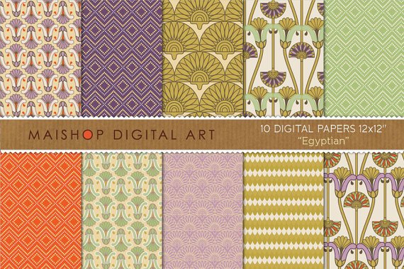 Digital Paper-Egyptian-CreamPurpLilacGoldGrn,OrgOrnament FloralGeometric