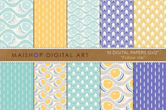 Digital Paper-Follow me-YWBluGrnWhJPG print Digital PatternsingCard Making
