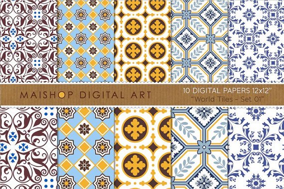 Digital Paper-World Tiles Set 01-Blue,Wh,Mustard ,Brw Seamless HQ Geometric Patternsing