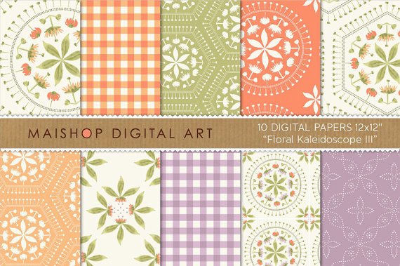 Digital Paper-Floral Kaleidoscope III-GrnLilac,OrgpapersingPrintsCard Making