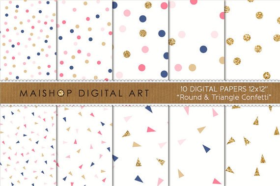 Digital Paper - Round & Triangle Confetti - Blue,Pink ,Gold print Papers