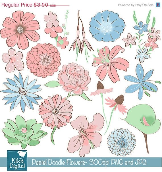 Colored Doodle Flowers Digital Clipart-Scrapbookingcard designweddinghdrawn