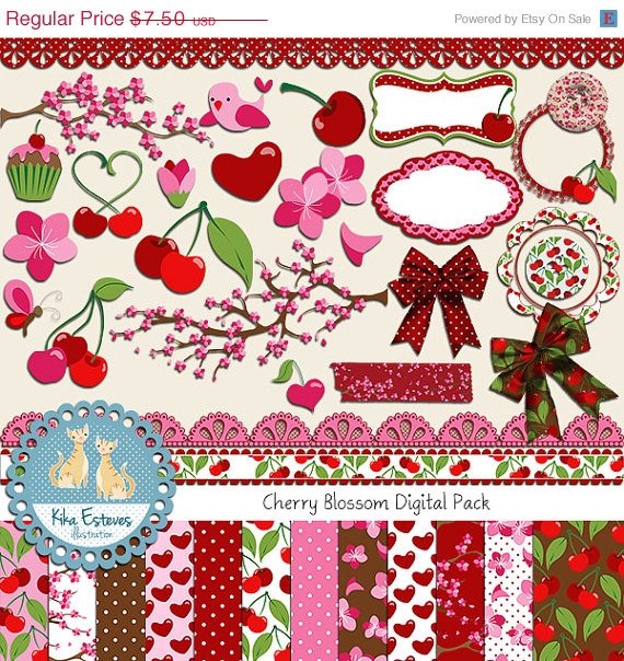 Cherry Digital Clipart , Paper Combo- Scrapbooking , card design, stickersA