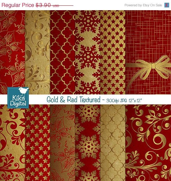 Gold , Red Christmas Digital Papers - Textured Scrapbooking Papers - card design