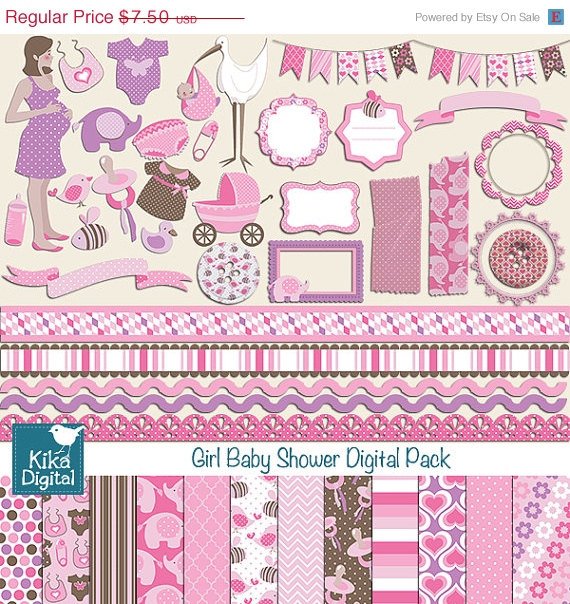 Girl Baby Shower Digital Clipart , Paper COMBO - Scrapbooking , card design