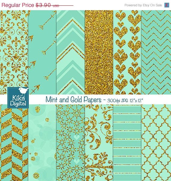 Mint Gold Digital PapersMint Wedding PapersGold Digital Scrapbook Paper in Mint & Gold