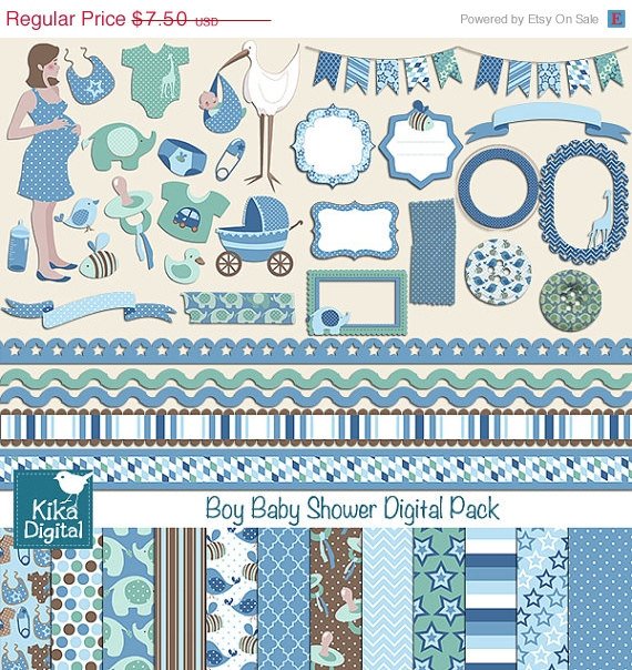 Boy Baby Shower Digital Clipart , Paper COMBO - Scrapbooking , card designa