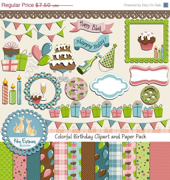 Colorful Birthday Digital Clipart , Paper COMBO - Scrapbooking , card design