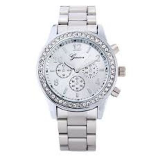 Geneva Watch with Elegant Crystal Dial Silver Tone