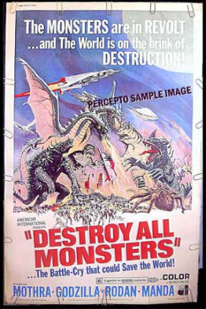 DESTROY ALL MONSTERS ~ '76 40X60 SCI-FI Movie Poster ~ GODZILLA / RODAN / MOTHRA / REYNOLD BROWN ART