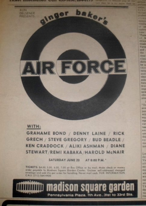 Ginger Baker's Airforce 1970 MSG NYC Newspaper Concert AD