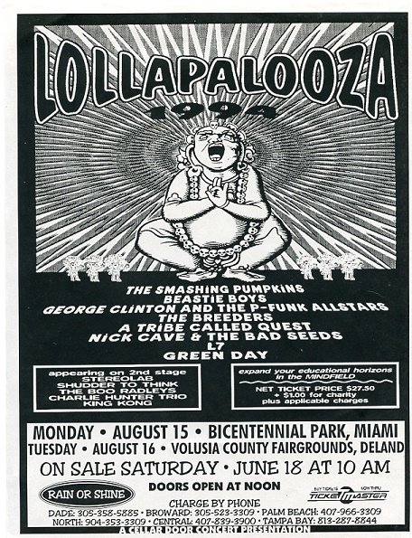 Lollapalooza 1994 Florida Concert Handbill Smashing Pumpkins Green Day