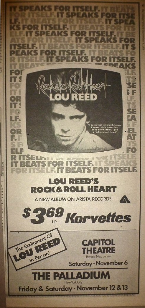 Lou Reed 1976 Palladium NYC Newspaper Concert AD