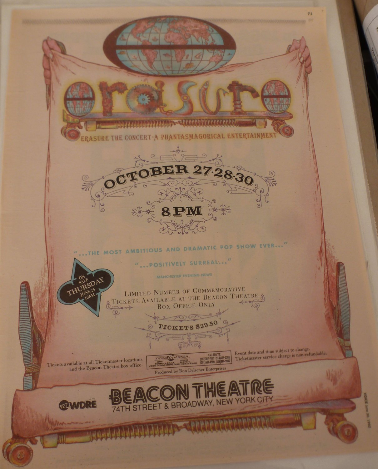 Erasure 1992 Beacon Theatre NYC Newspaper Concert Poster AD
