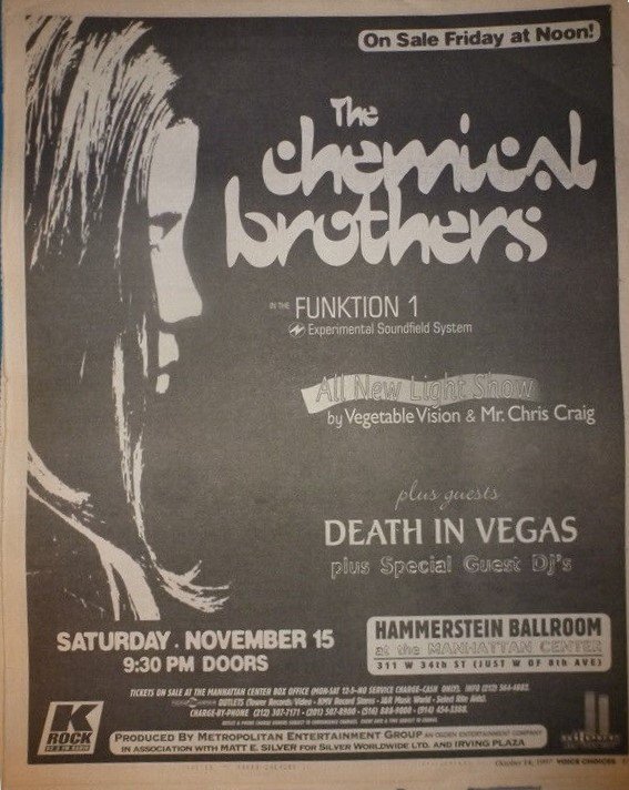 The Chemical Brothers 1997 Hammerstein Ballroom NYC Newspaper Concert Poster AD