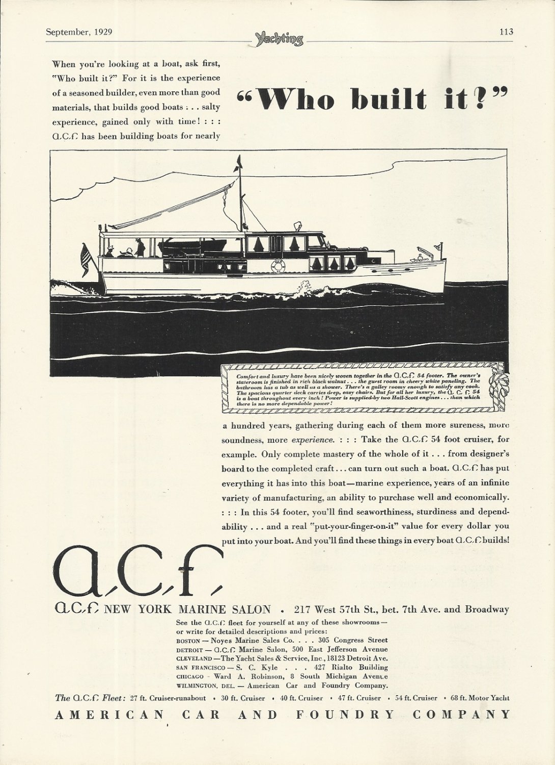 1929 American Car & Foundry Co Ad- A,C,F, 54' Cruiser