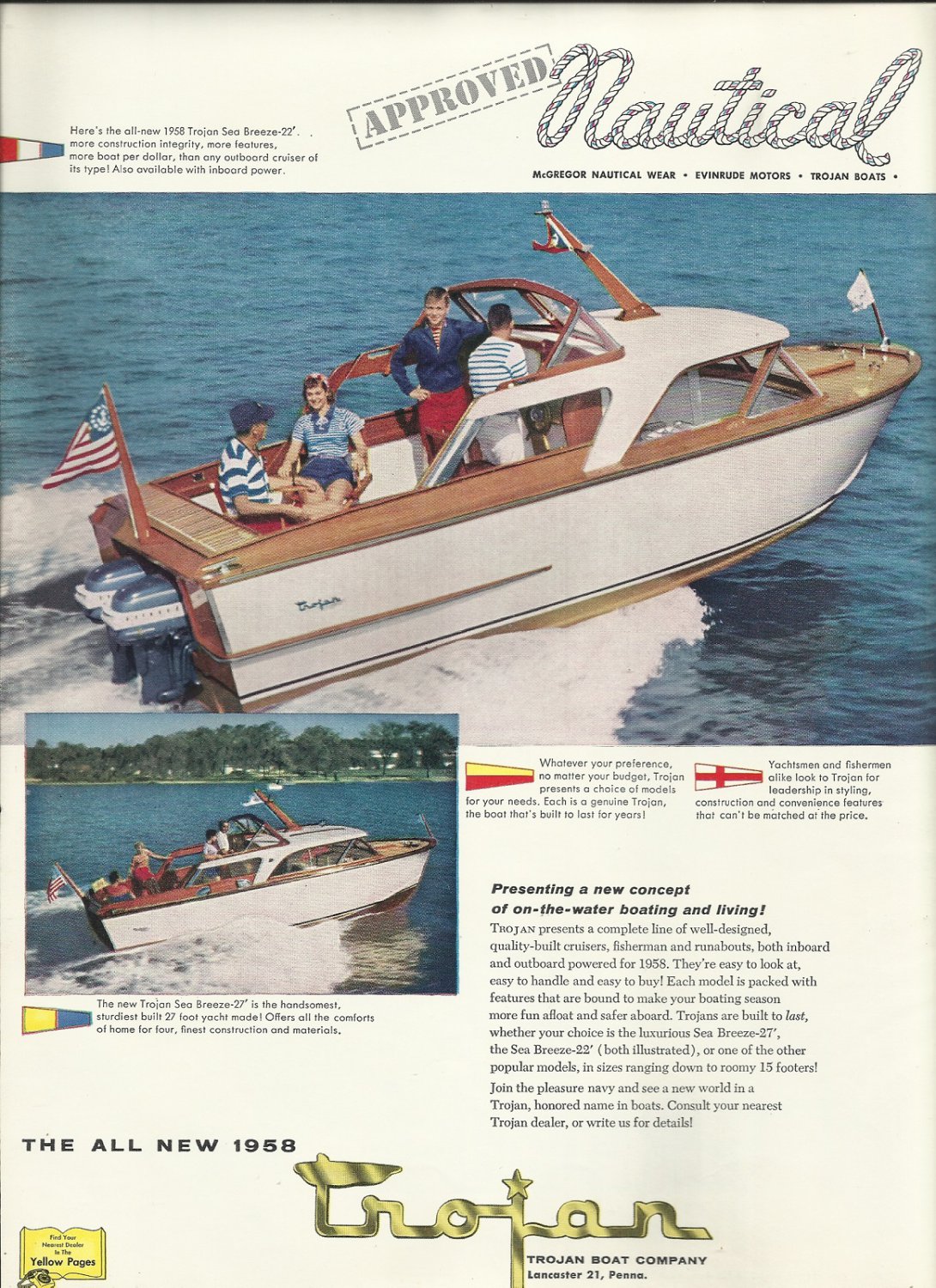 1958 Trojan Boat Company Color Ad- The Sea Breeze 22' & 27'