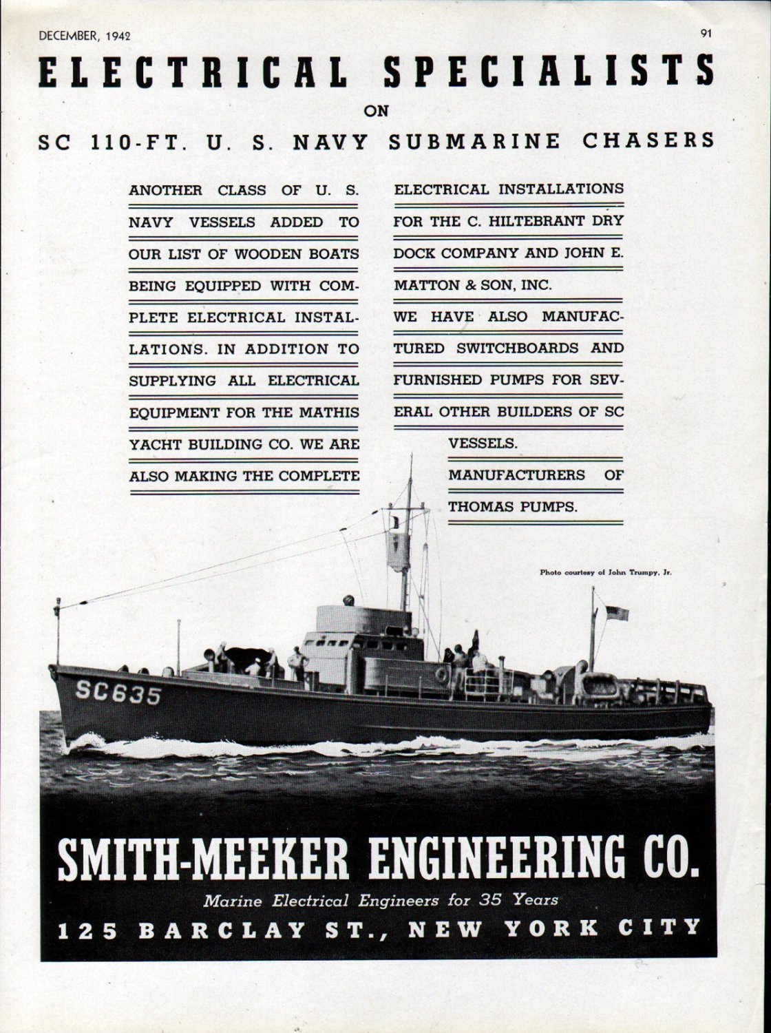 1942 WW II Smith- Meeker Engineering Co Ad- Trumpy Subchaser SC635-Nice Photo