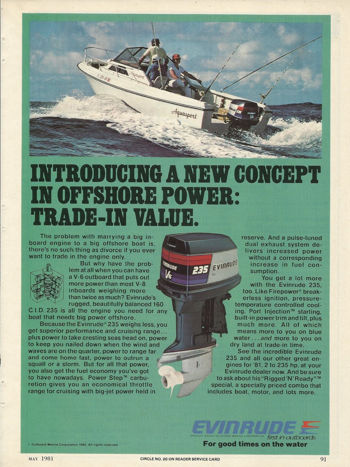 1981 Evinrude Outboards Color Ad- The V6 225 HP Outboard Motor-Aquasport Boat