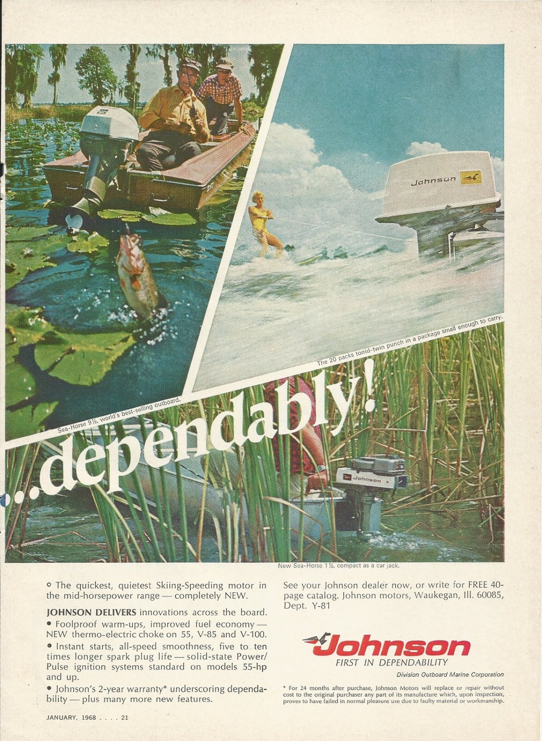 1968 Johnson Motors 2 Page Color Ad 55 HP Outboard Motor