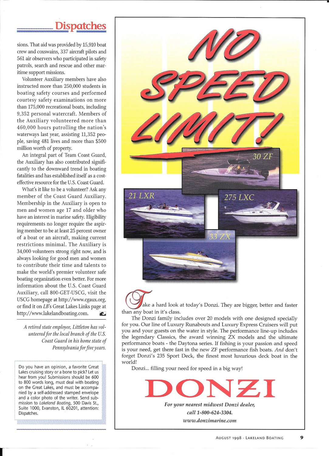1998 Donzi Marine Color Ad- Donzi 30 ZF- 21 LXR- 275 LXC & 33 ZX