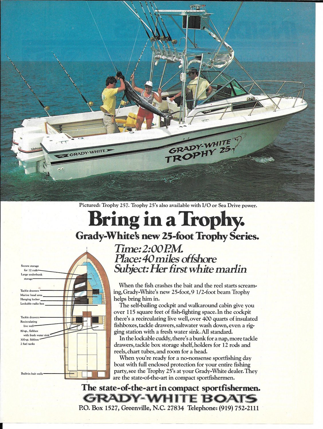 1985 Grady- White Boats Color Ad- The Trophy 25 With Johnson Outboards