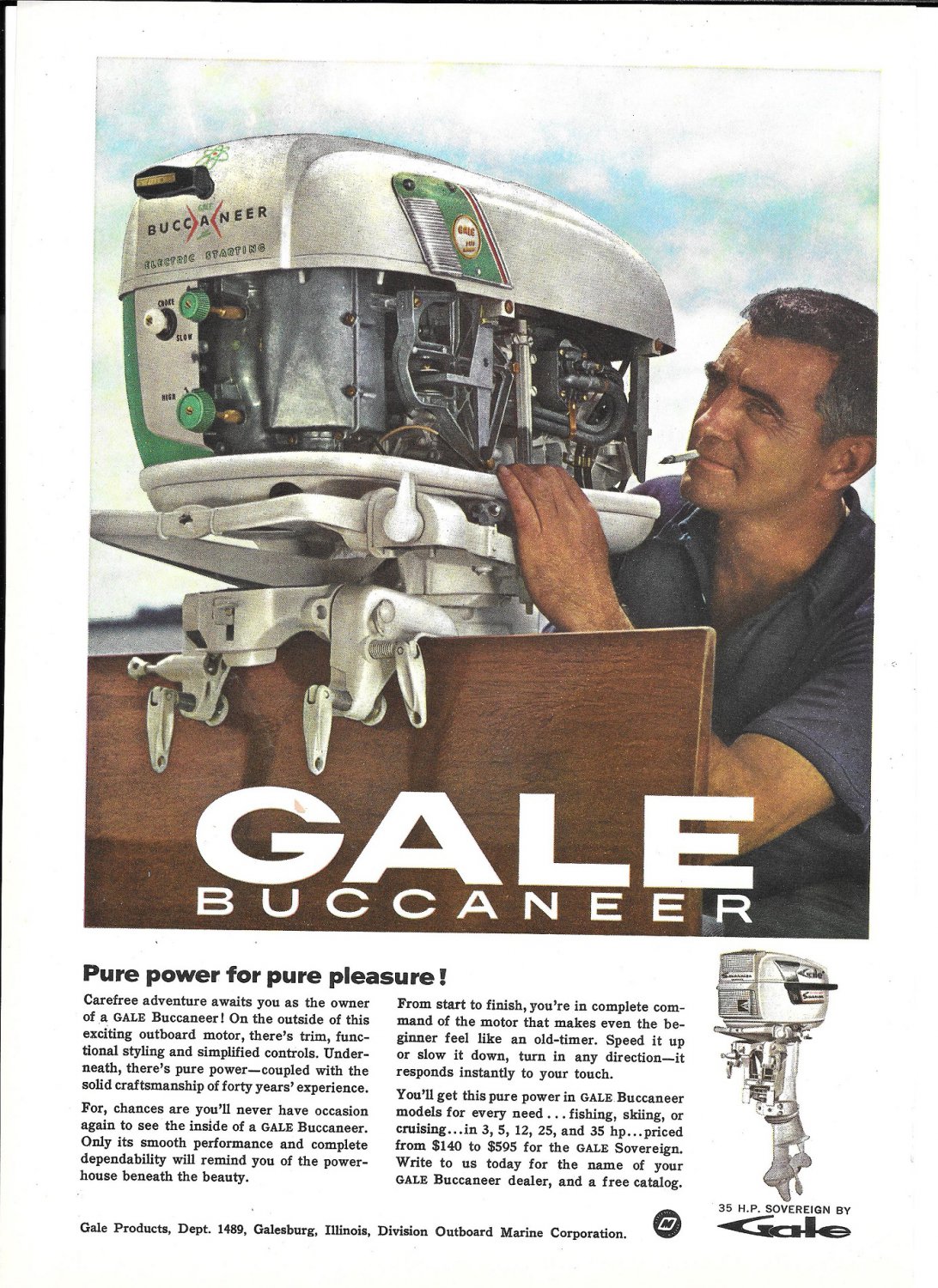 1966 Gale Buccaneer Outboard Motors Color AdNice Photo 35 HP Sovereign