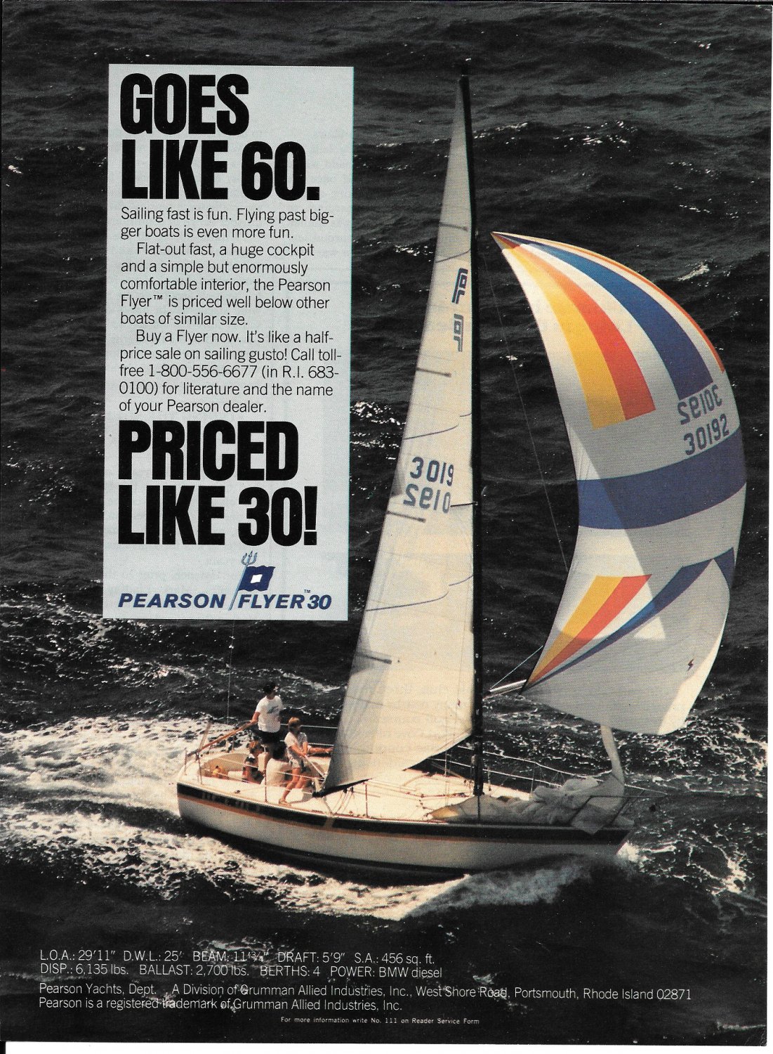 1982 Pearson Flyer 30 Yacht Color Ad- Nice Photo- Specs
