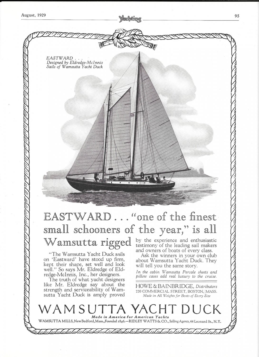 1929 Wamsutta Yacht Duck Ad- Nice Photo of the "Eastward"