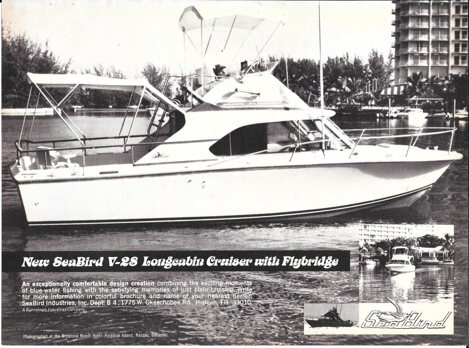1970 SeaBird V28 Flybridge Yacht Ad Great Photo
