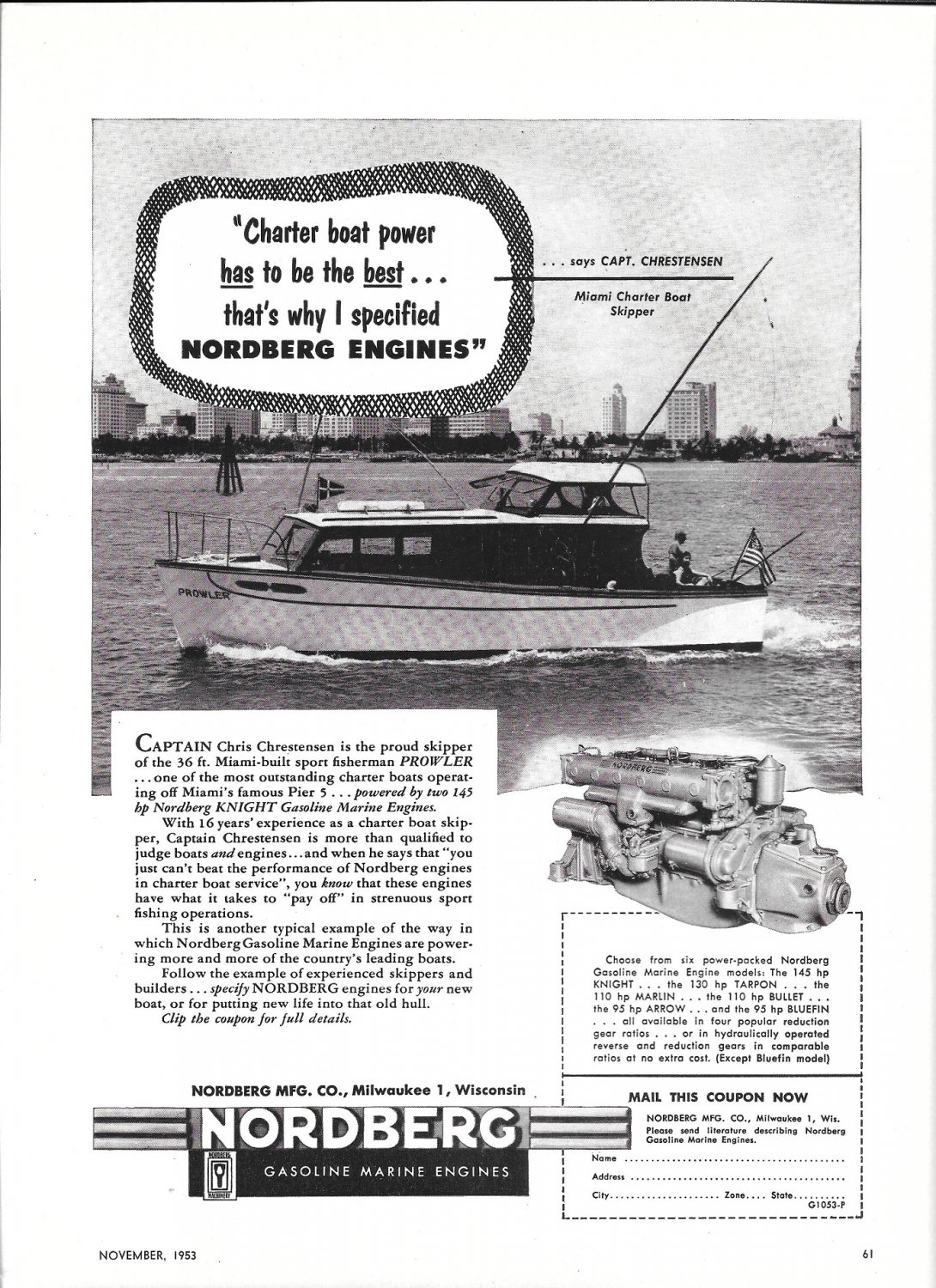 1953 Nordberg Marine Engines Ad- Nice Photo of 36' Prowler Yacht
