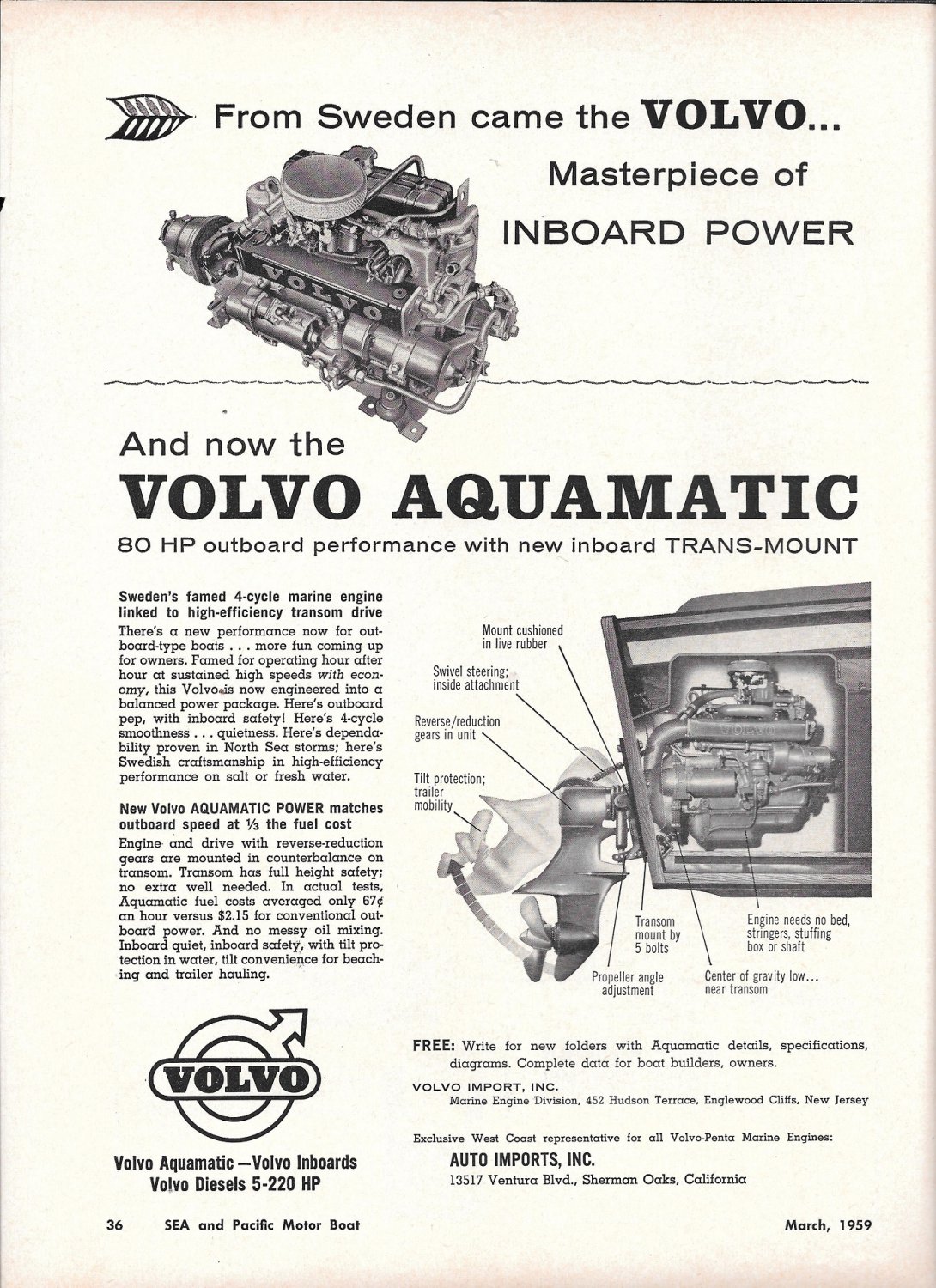 1959 Volvo Aquamatic Inboard Boat motor Ad- Nice Photo