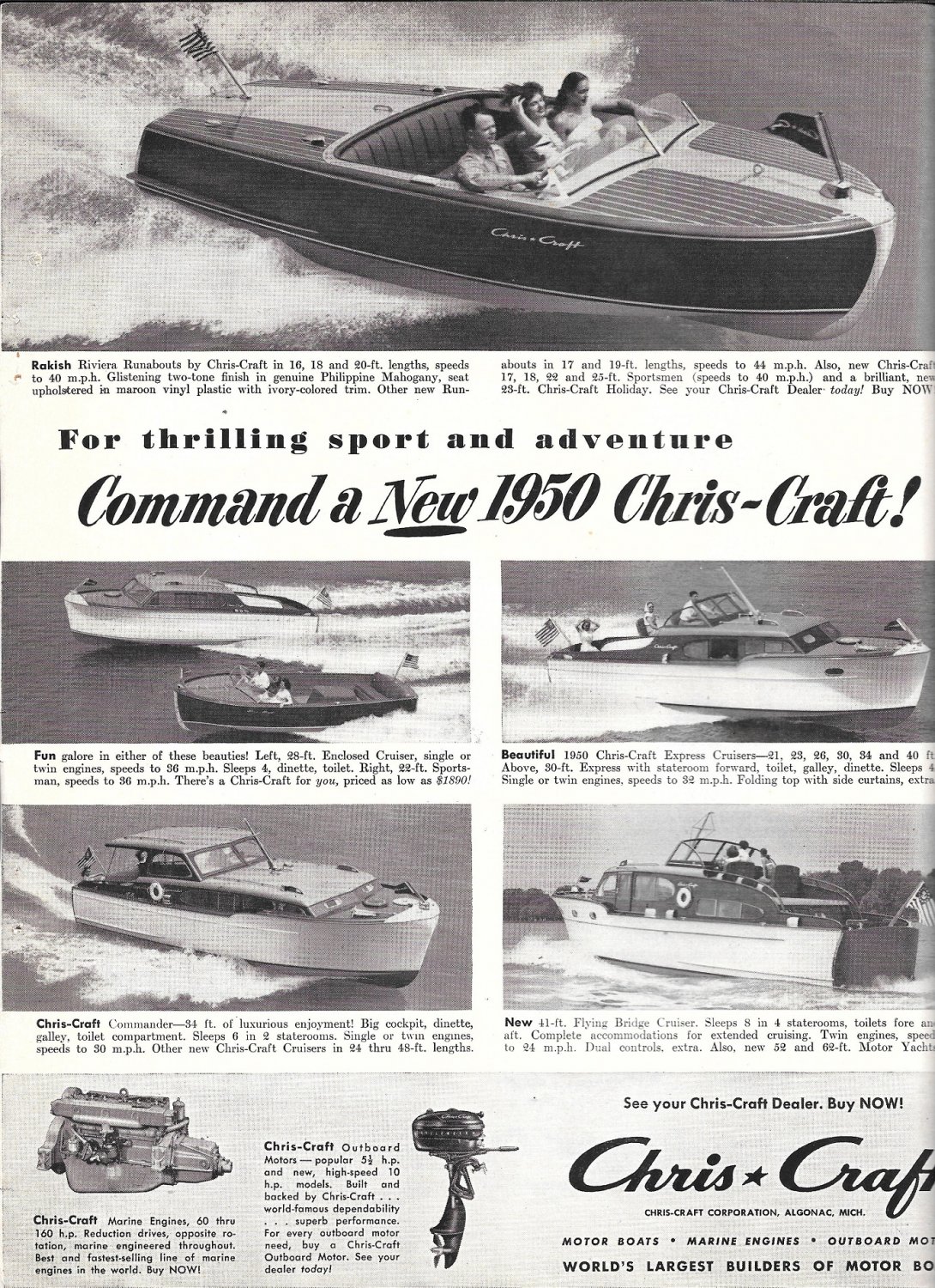 1950 Chris- Craft Yachts Ad- Nice Photos of 6 Models