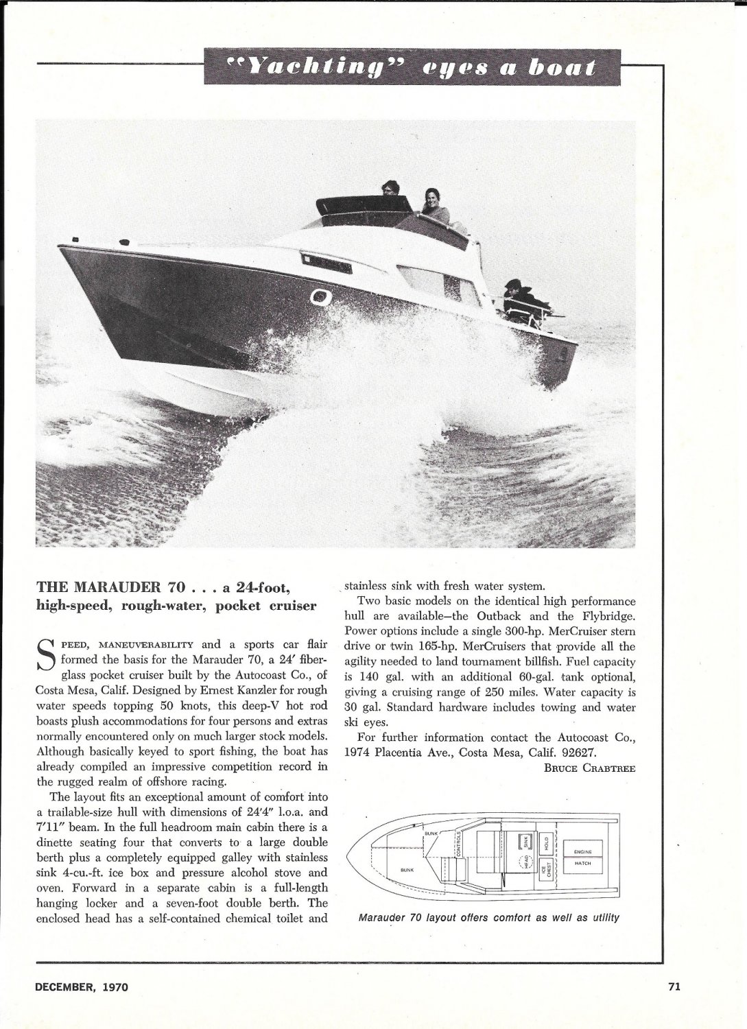 1970 Autocoast Co Marauder 70 Yacht Review- Nice Photo