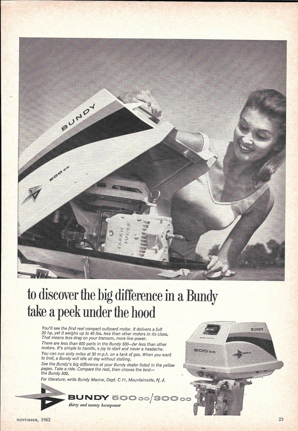 1962 Bundy Marine 500cc Outboard Motor Ad Nice Photo Hot Girl
