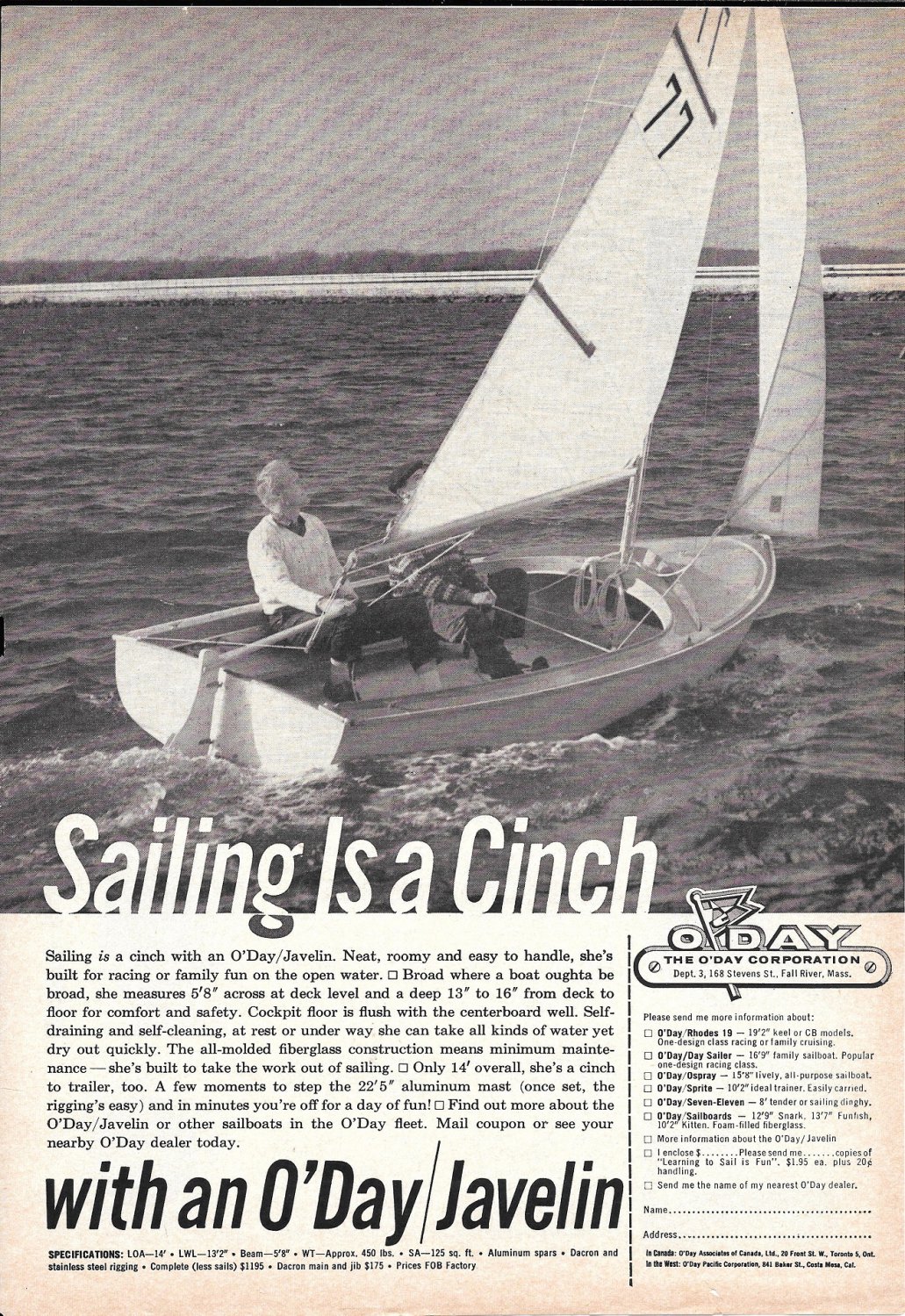 1962 O'Day Javelin Sailboat Ad Nice Photo