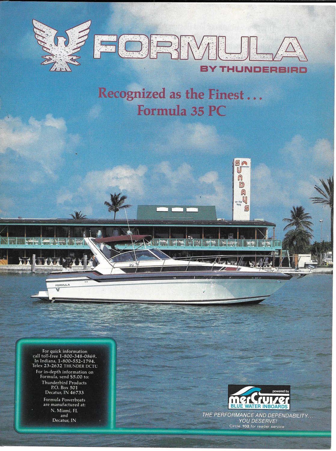 1987 Thunderbird Formula 35 PC Boat Color Ad- Nice Photo